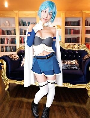 Busty japanese Nanako Nanahara cosplay, spreading legs and showing her shaved pussy