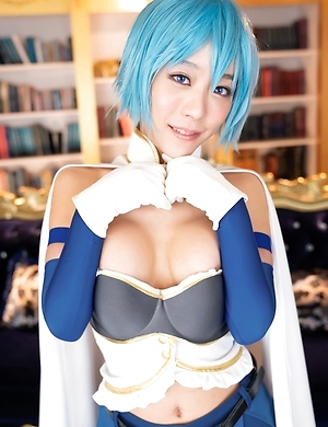 Busty japanese Nanako Nanahara cosplay, spreading legs and showing her shaved pussy