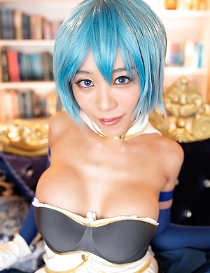 Busty japanese Nanako Nanahara cosplay, spreading legs and showing her shaved pussy