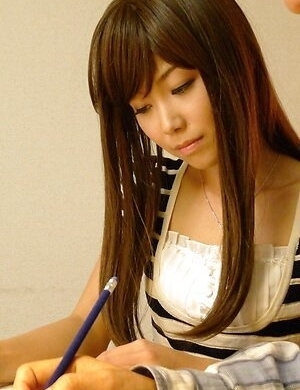 Nanako Takeuchi rubs cock with oil, sucks it and rides it like a slut.